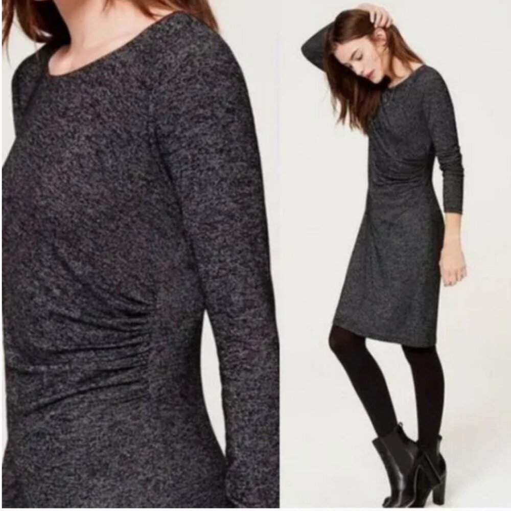 Ann Taylor Loft Long Sleeve Side Ruched Dress Charcoal